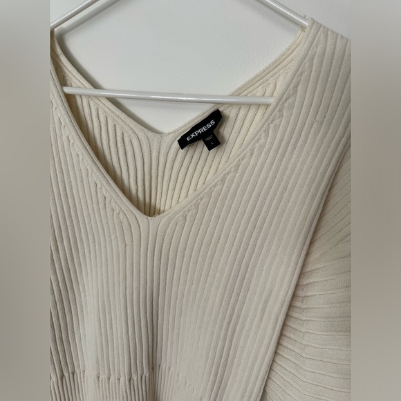 Express Ribbed Puff Sleeved Cream Sweater - Picture 2 of 6